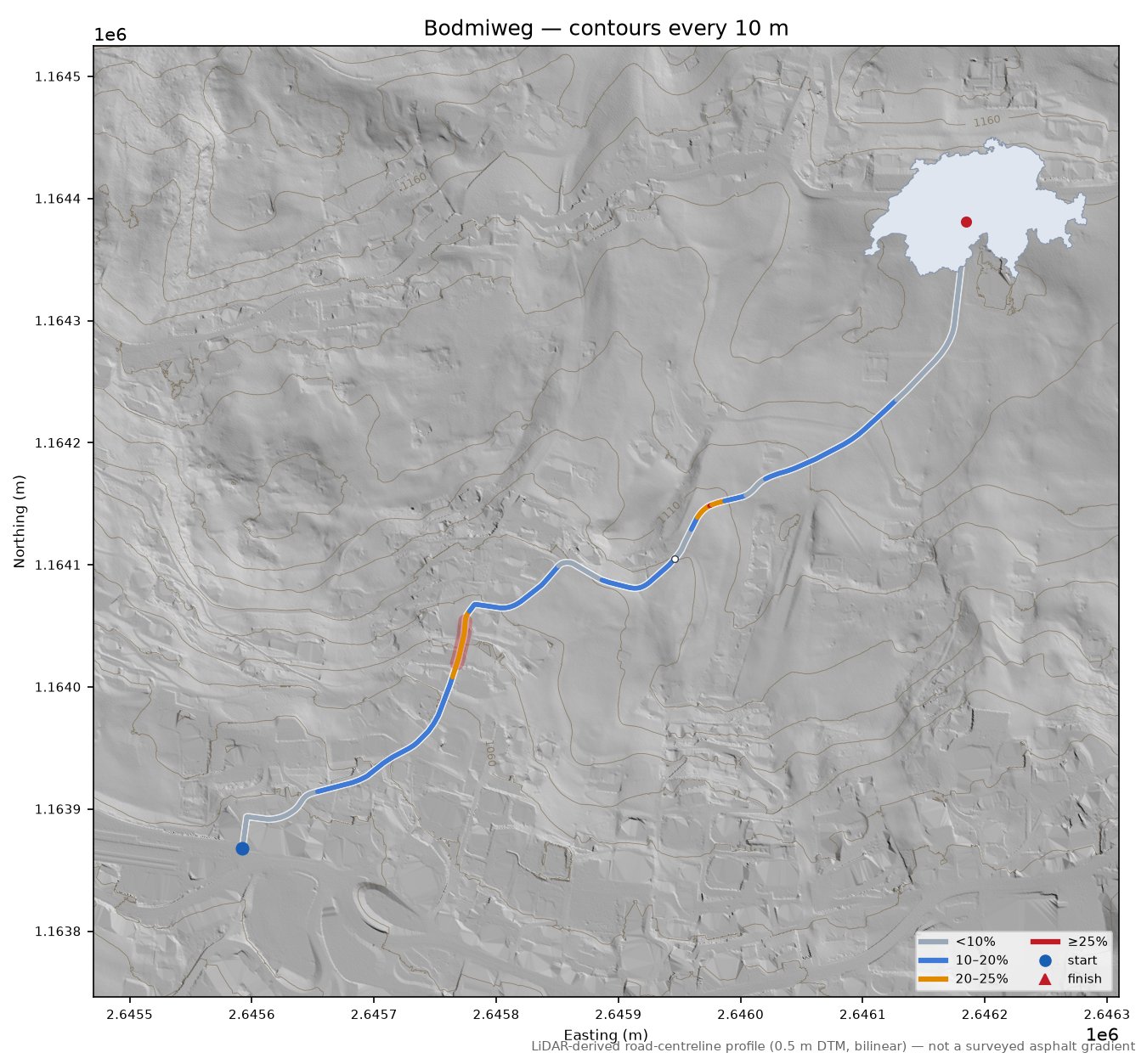 Bodmiweg LiDAR hillshade map with contours