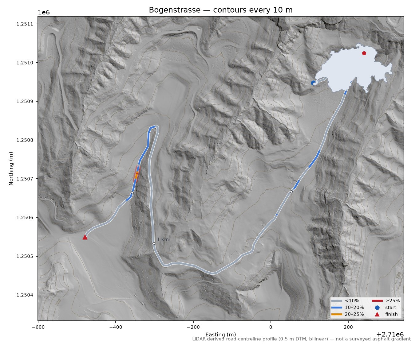 Bogenstrasse LiDAR hillshade map with contours