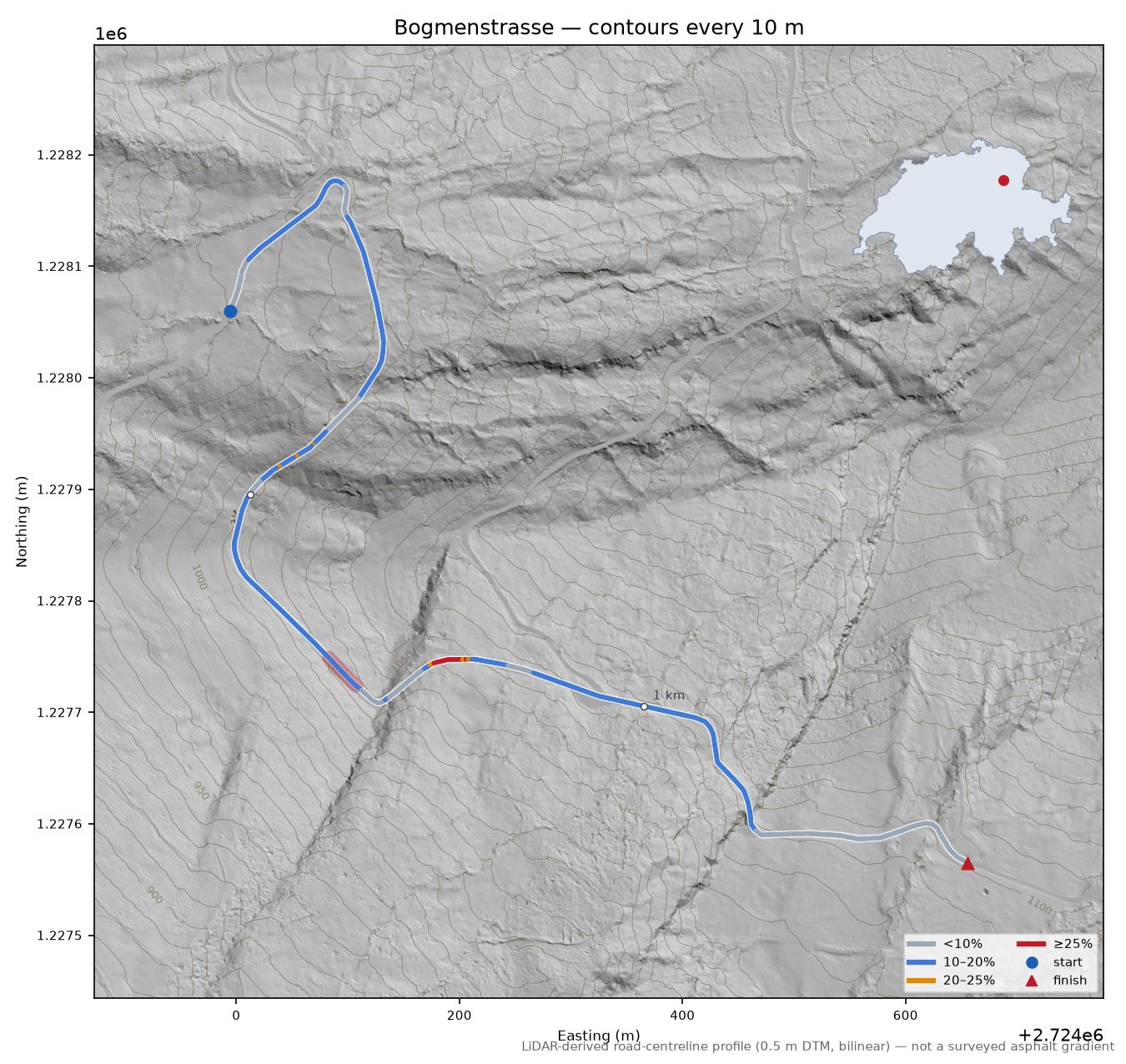 Bogmenstrasse LiDAR hillshade map with contours