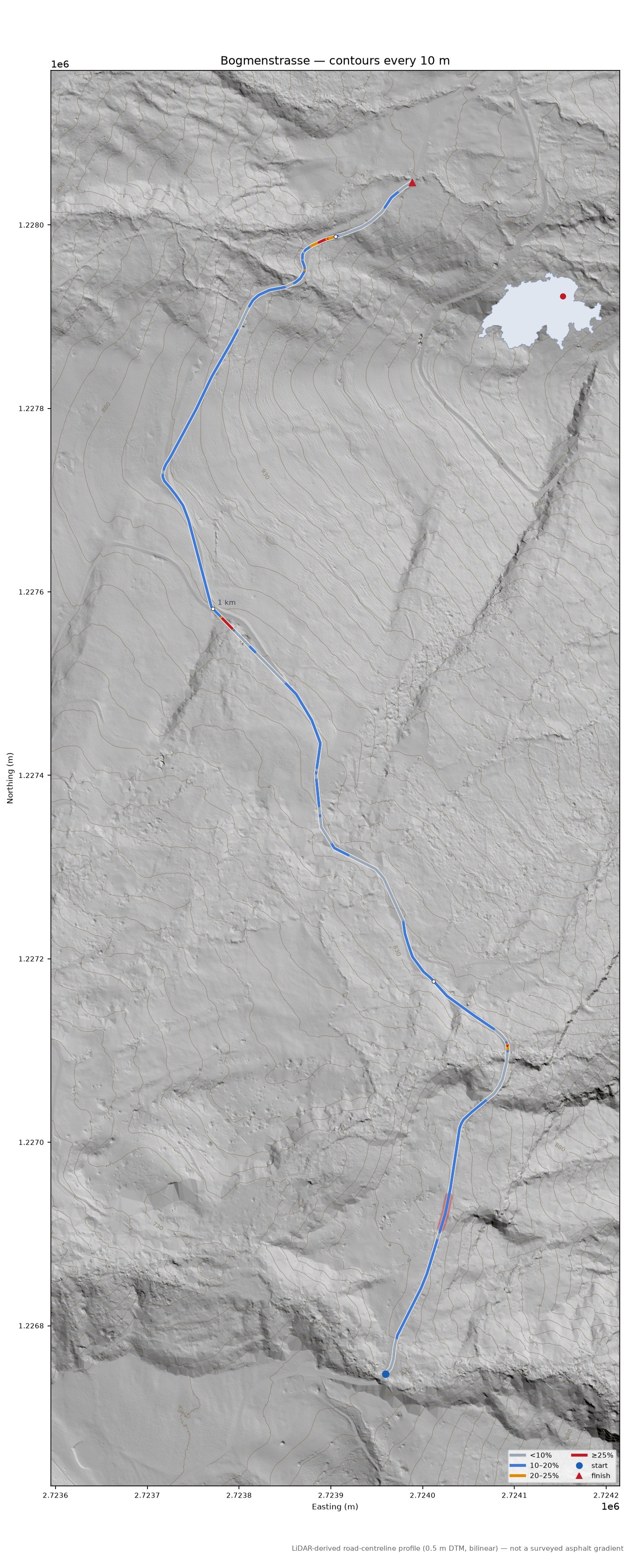 Bogmenstrasse LiDAR hillshade map with contours
