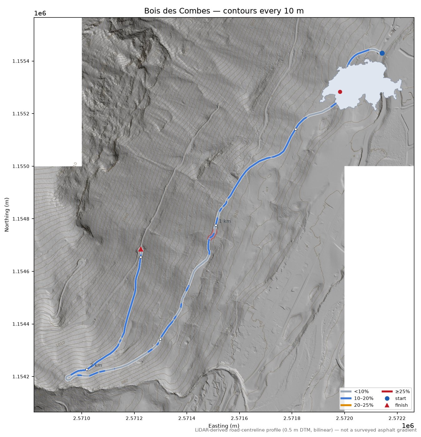 Bois des Combes LiDAR hillshade map with contours