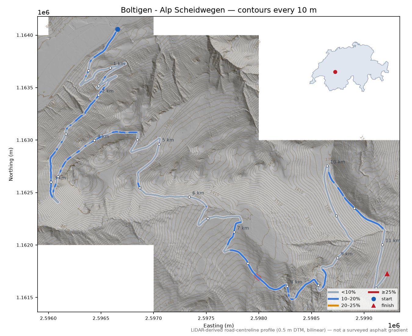Boltigen - Alp Scheidwegen LiDAR hillshade map with contours