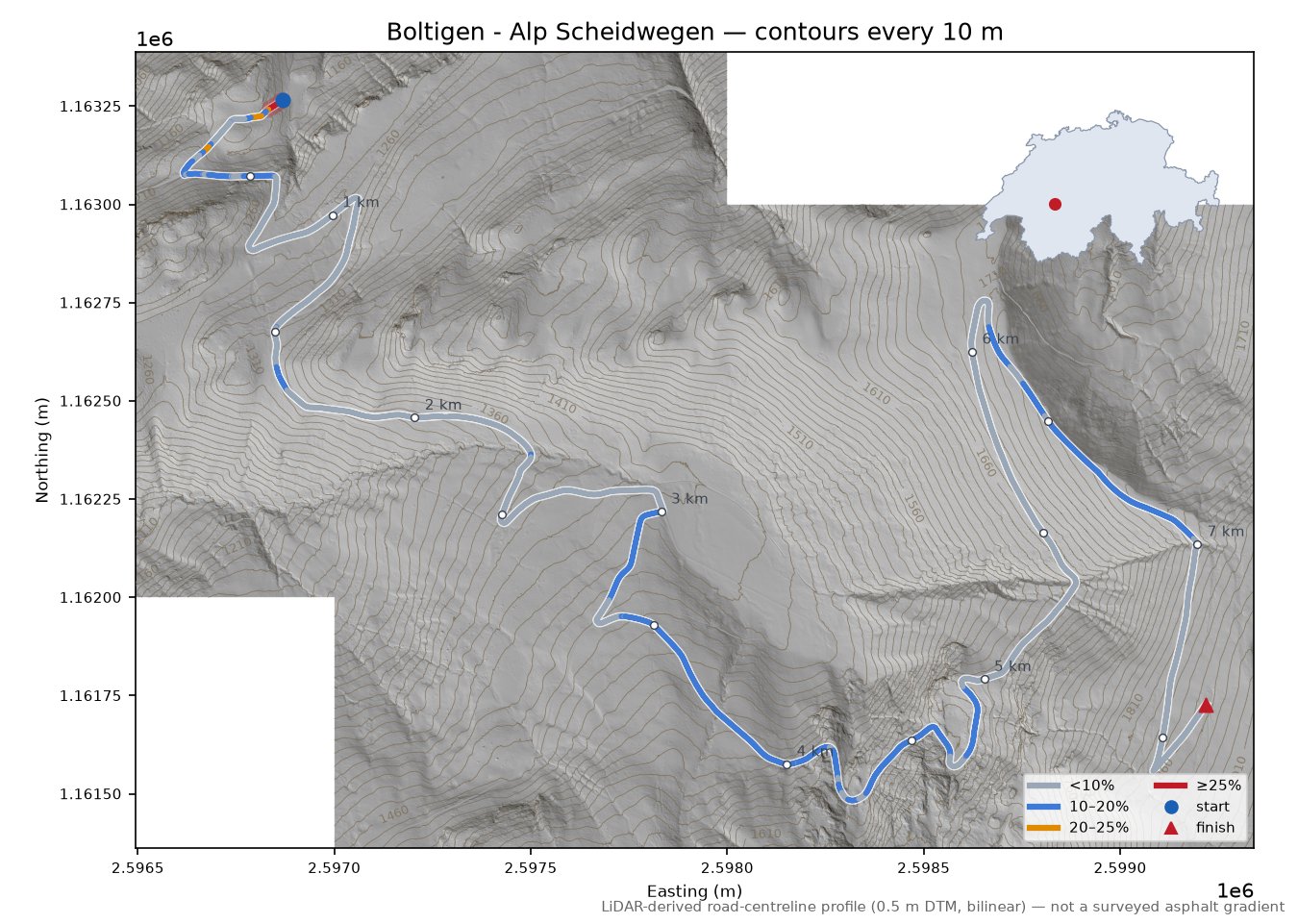 Boltigen - Alp Scheidwegen LiDAR hillshade map with contours