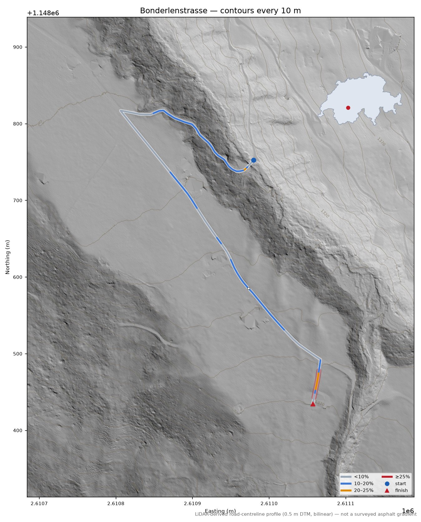 Bonderlenstrasse LiDAR hillshade map with contours
