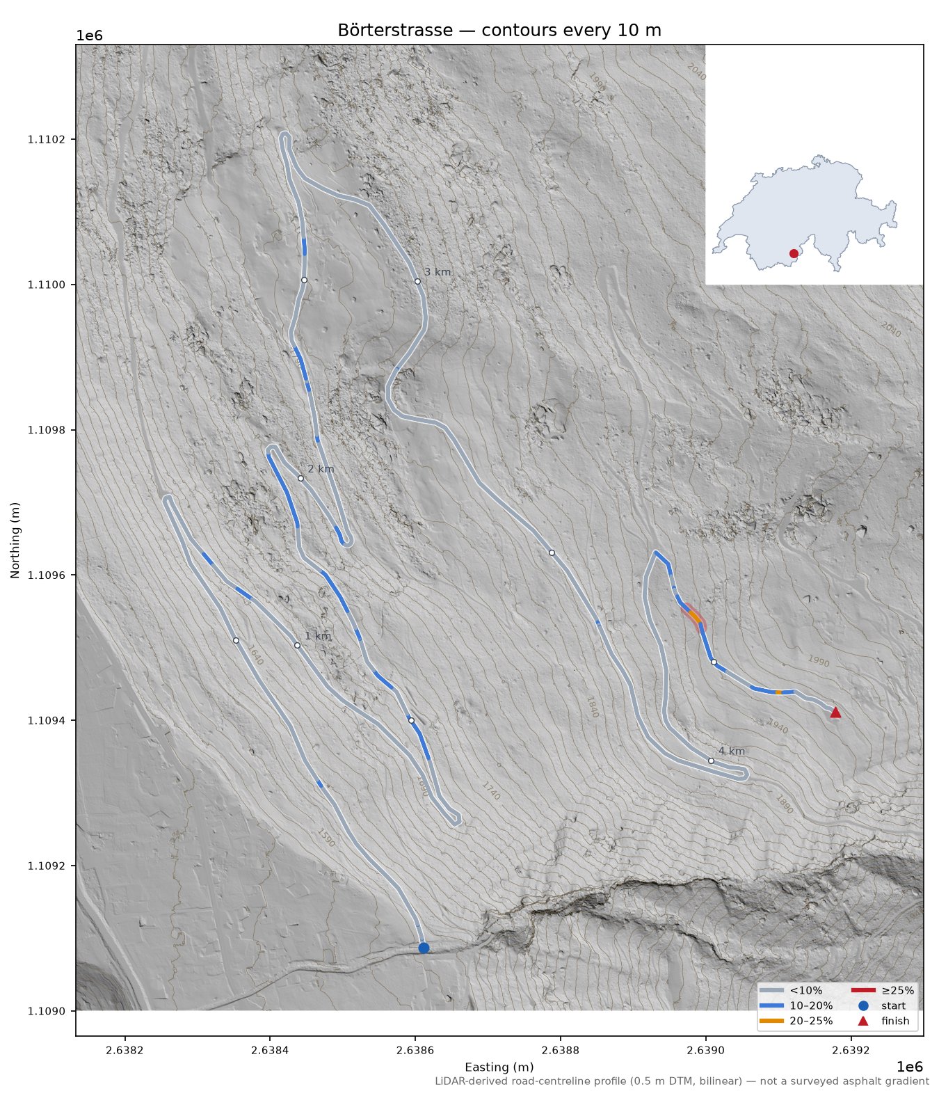 Börterstrasse LiDAR hillshade map with contours
