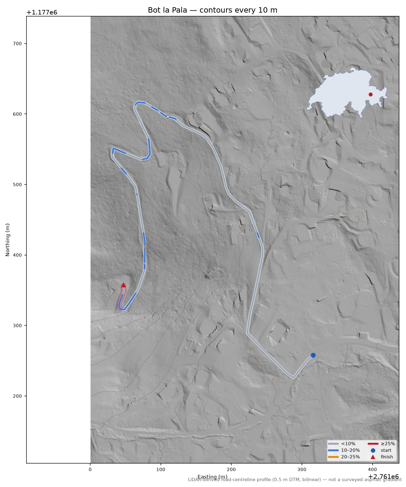 Bot la Pala LiDAR hillshade map with contours