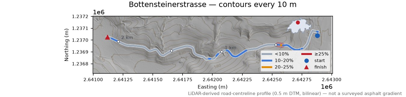 Bottensteinerstrasse LiDAR hillshade map with contours