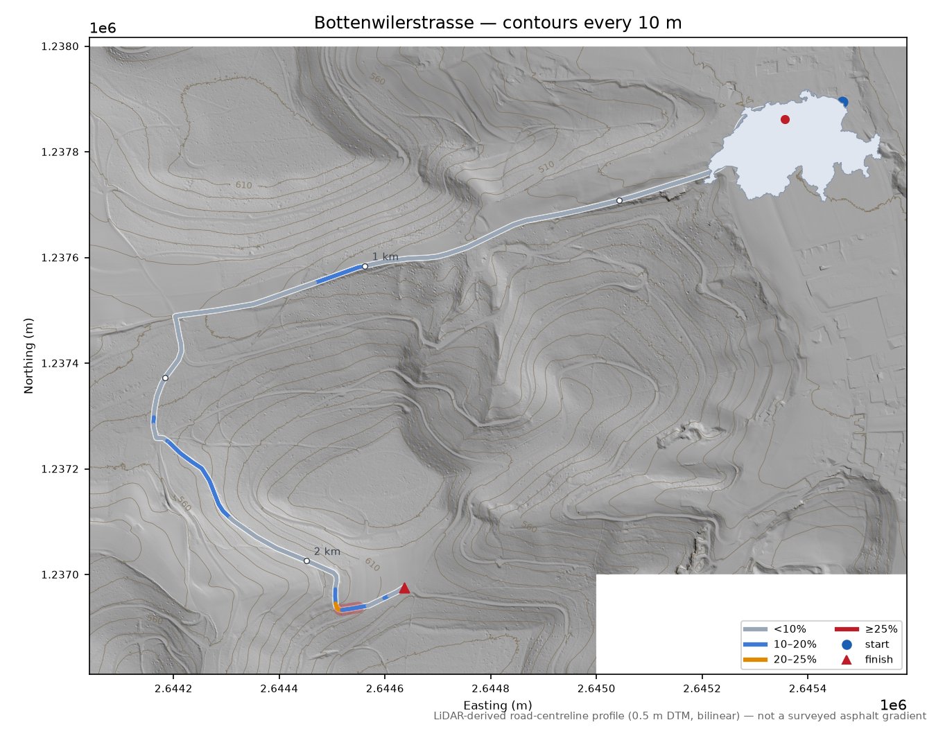 Bottenwilerstrasse LiDAR hillshade map with contours