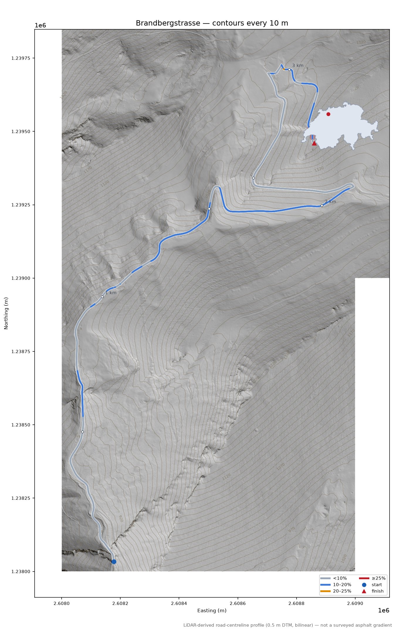 Brandbergstrasse LiDAR hillshade map with contours