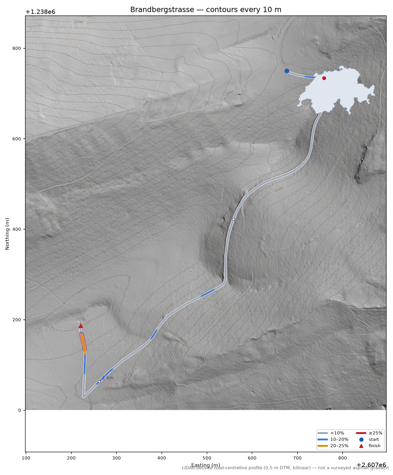 Brandbergstrasse LiDAR hillshade map with contours