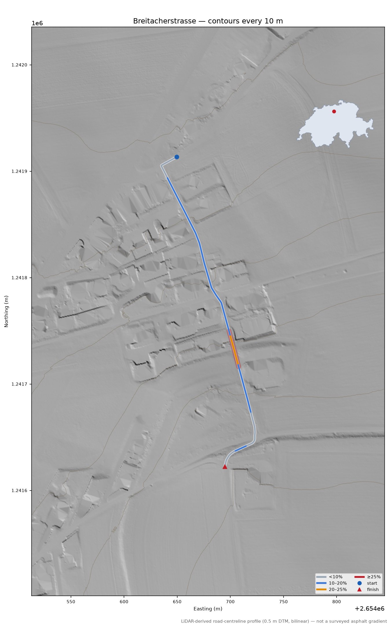 Breitacherstrasse LiDAR hillshade map with contours