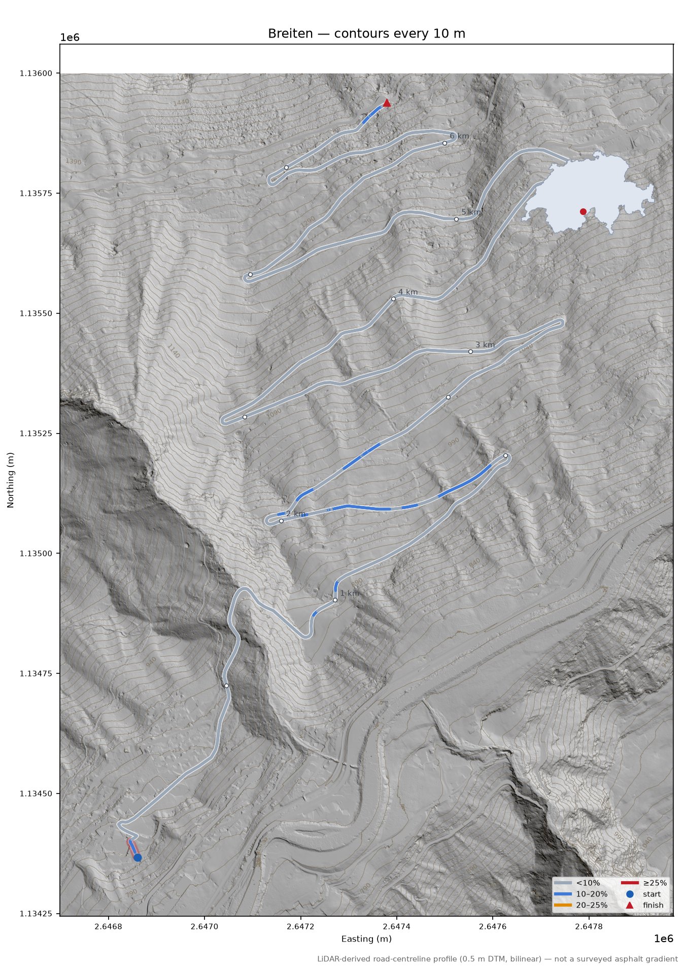 Breiten LiDAR hillshade map with contours