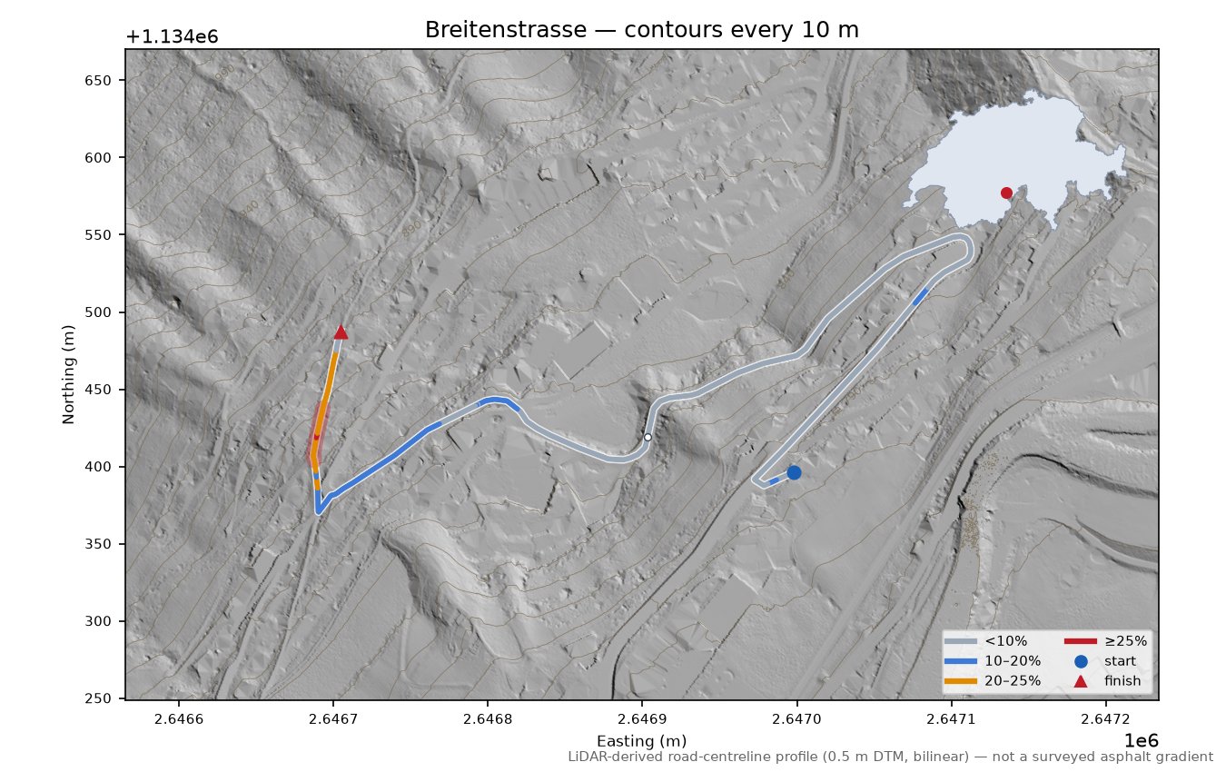 Breitenstrasse LiDAR hillshade map with contours