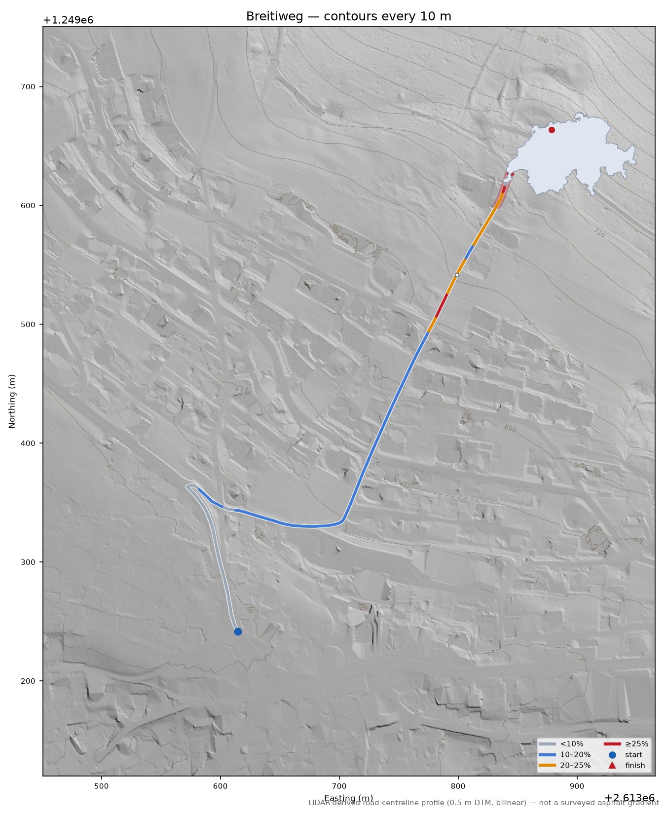 Breitiweg LiDAR hillshade map with contours