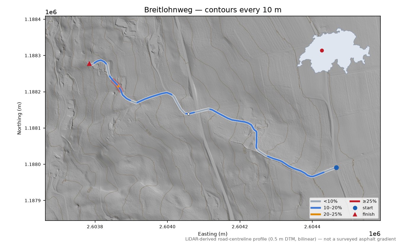Breitlohnweg LiDAR hillshade map with contours