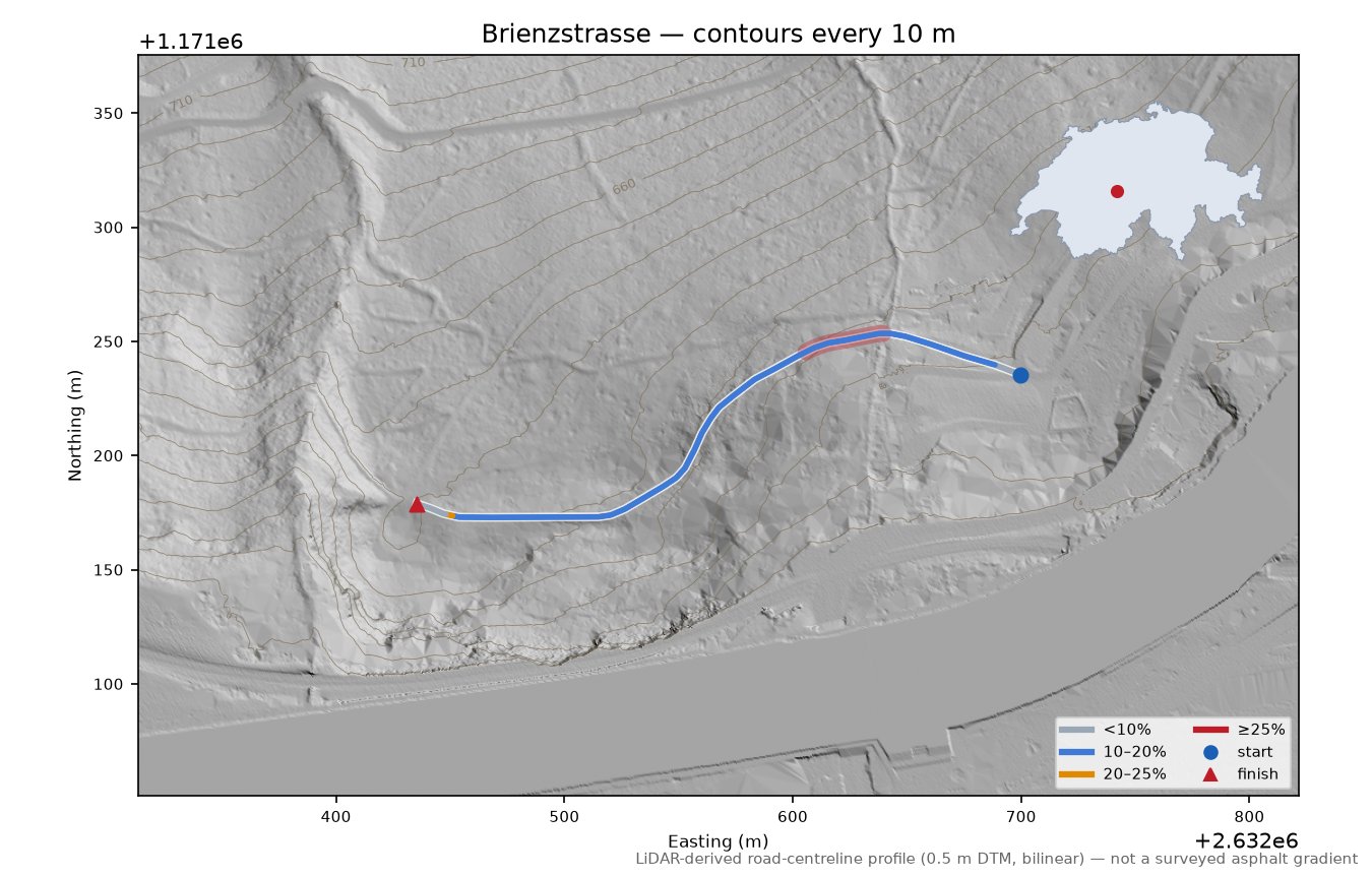 Brienzstrasse LiDAR hillshade map with contours