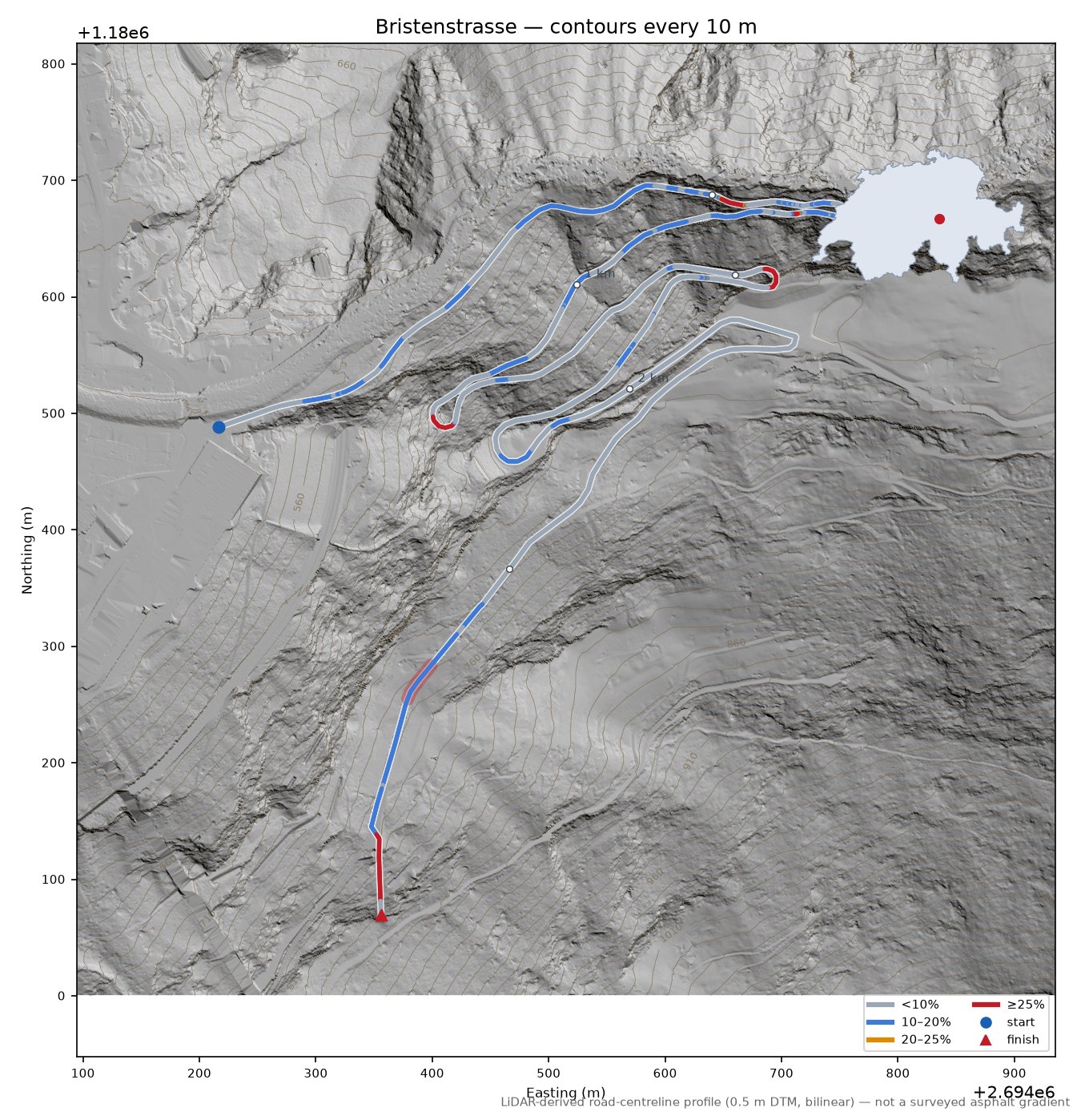 Bristenstrasse LiDAR hillshade map with contours