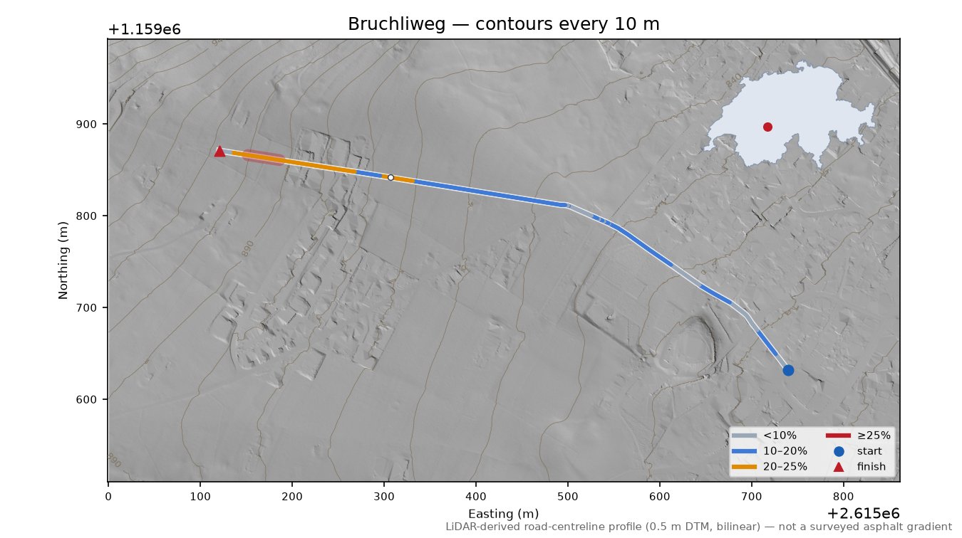 Bruchliweg LiDAR hillshade map with contours