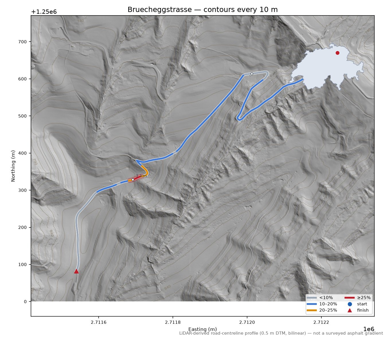 Bruecheggstrasse LiDAR hillshade map with contours