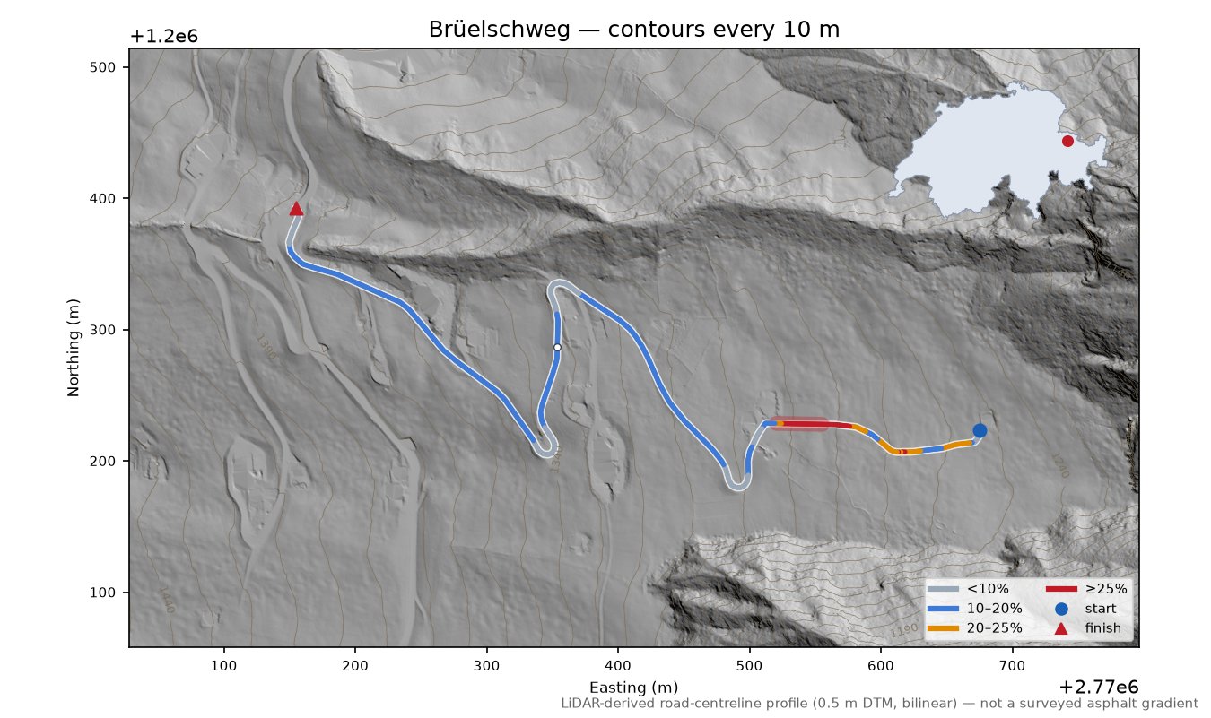 Brüelschweg LiDAR hillshade map with contours
