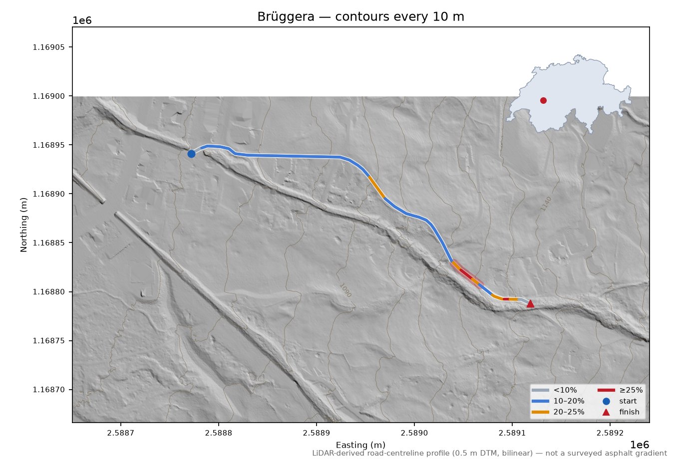 Brüggera LiDAR hillshade map with contours