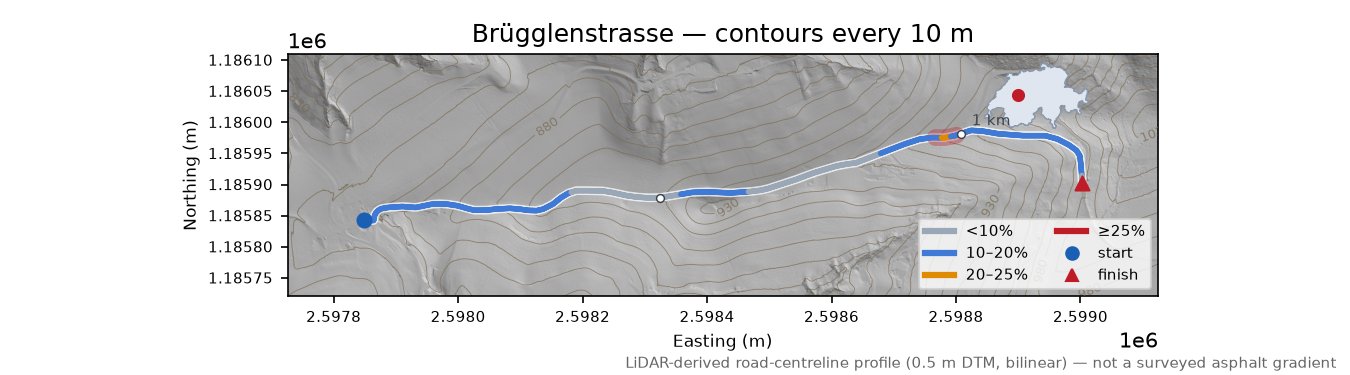 Brügglenstrasse LiDAR hillshade map with contours