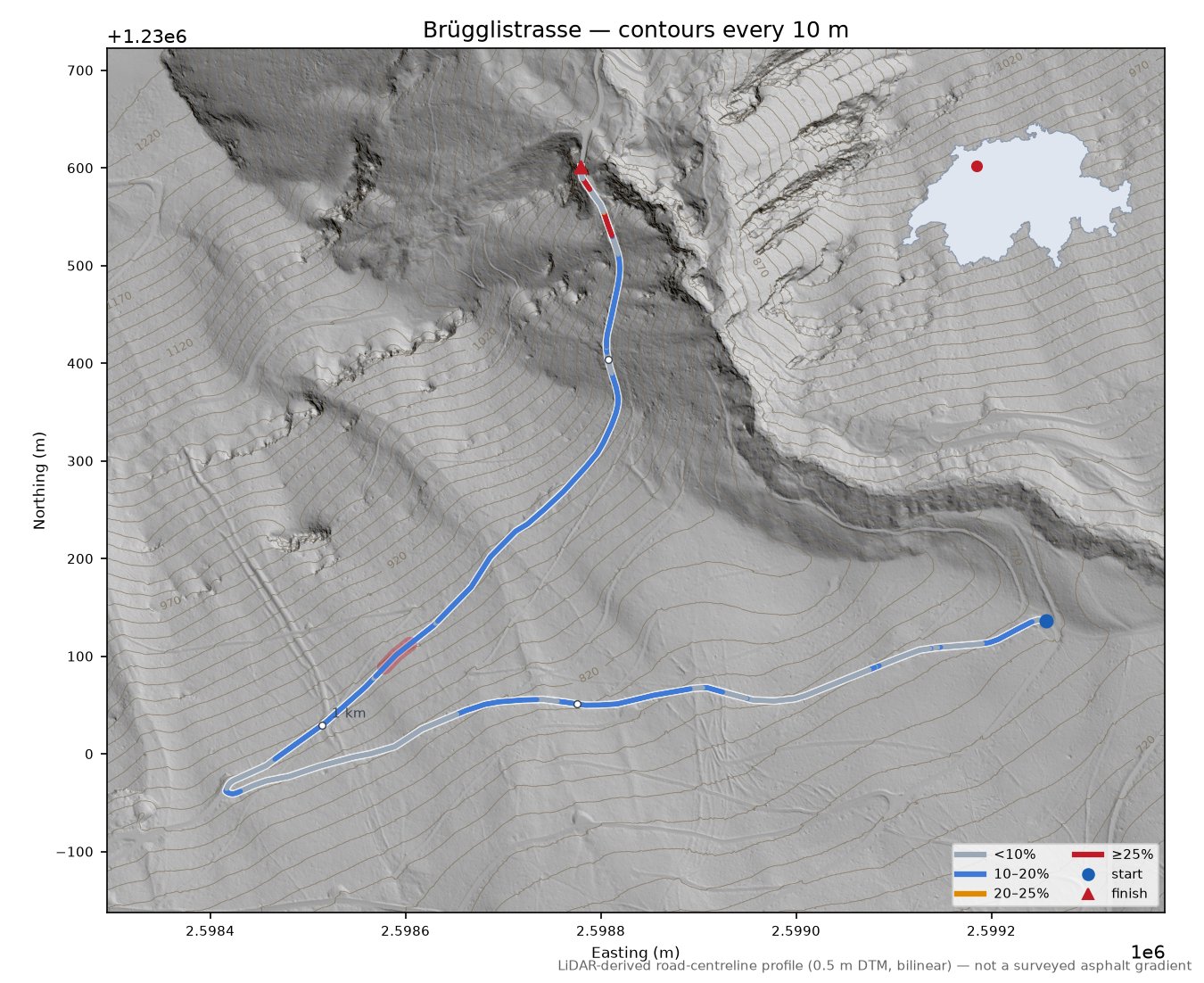 Brügglistrasse LiDAR hillshade map with contours