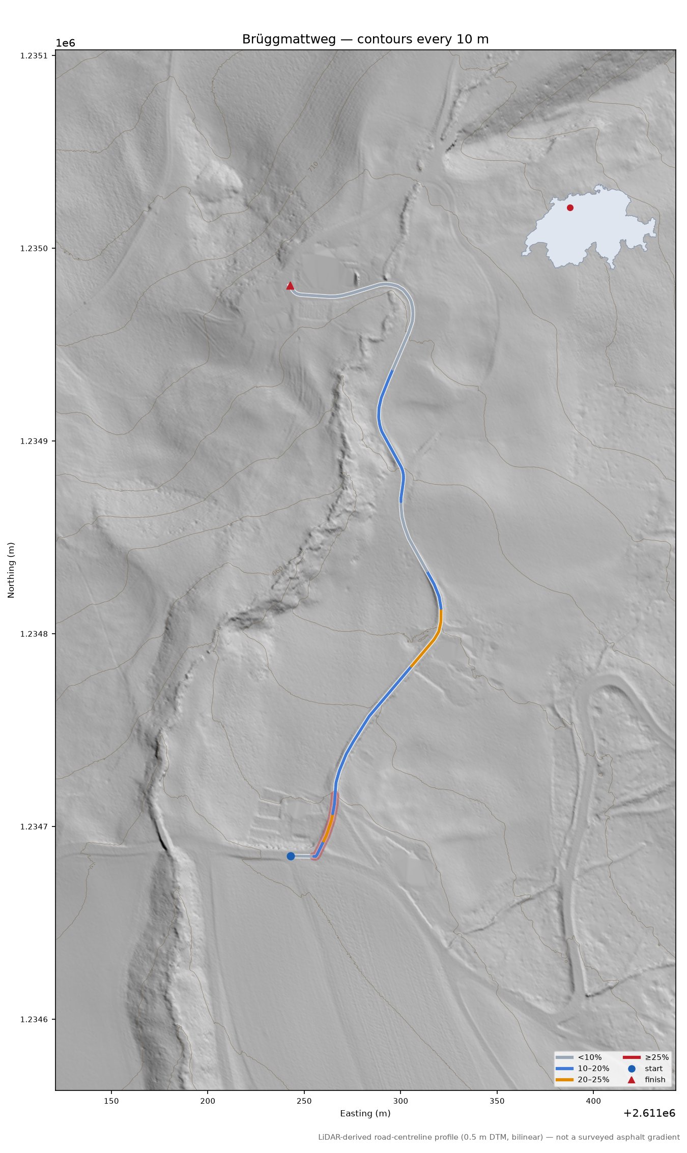 Brüggmattweg LiDAR hillshade map with contours