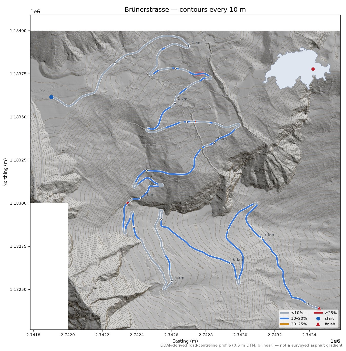 Brünerstrasse LiDAR hillshade map with contours
