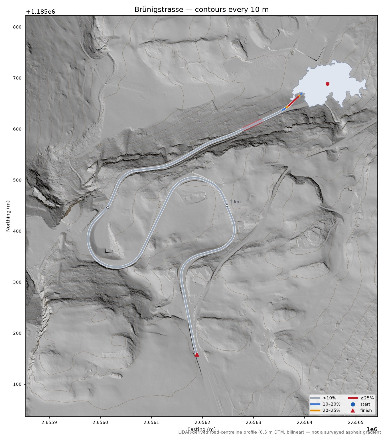 Brünigstrasse LiDAR hillshade map with contours