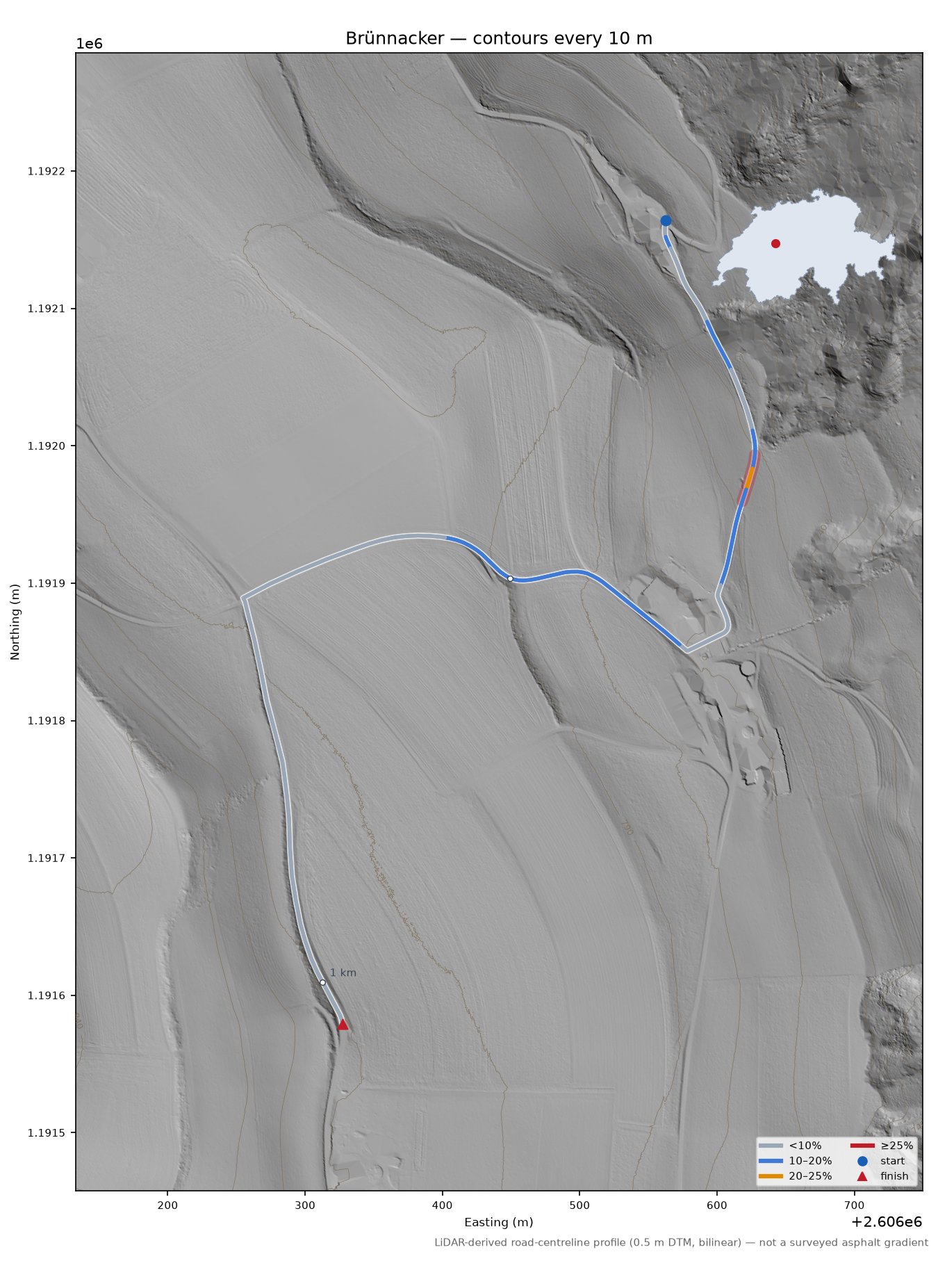Brünnacker LiDAR hillshade map with contours