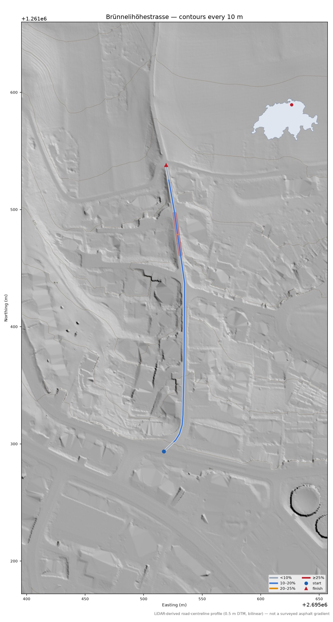 Brünnelihöhestrasse LiDAR hillshade map with contours