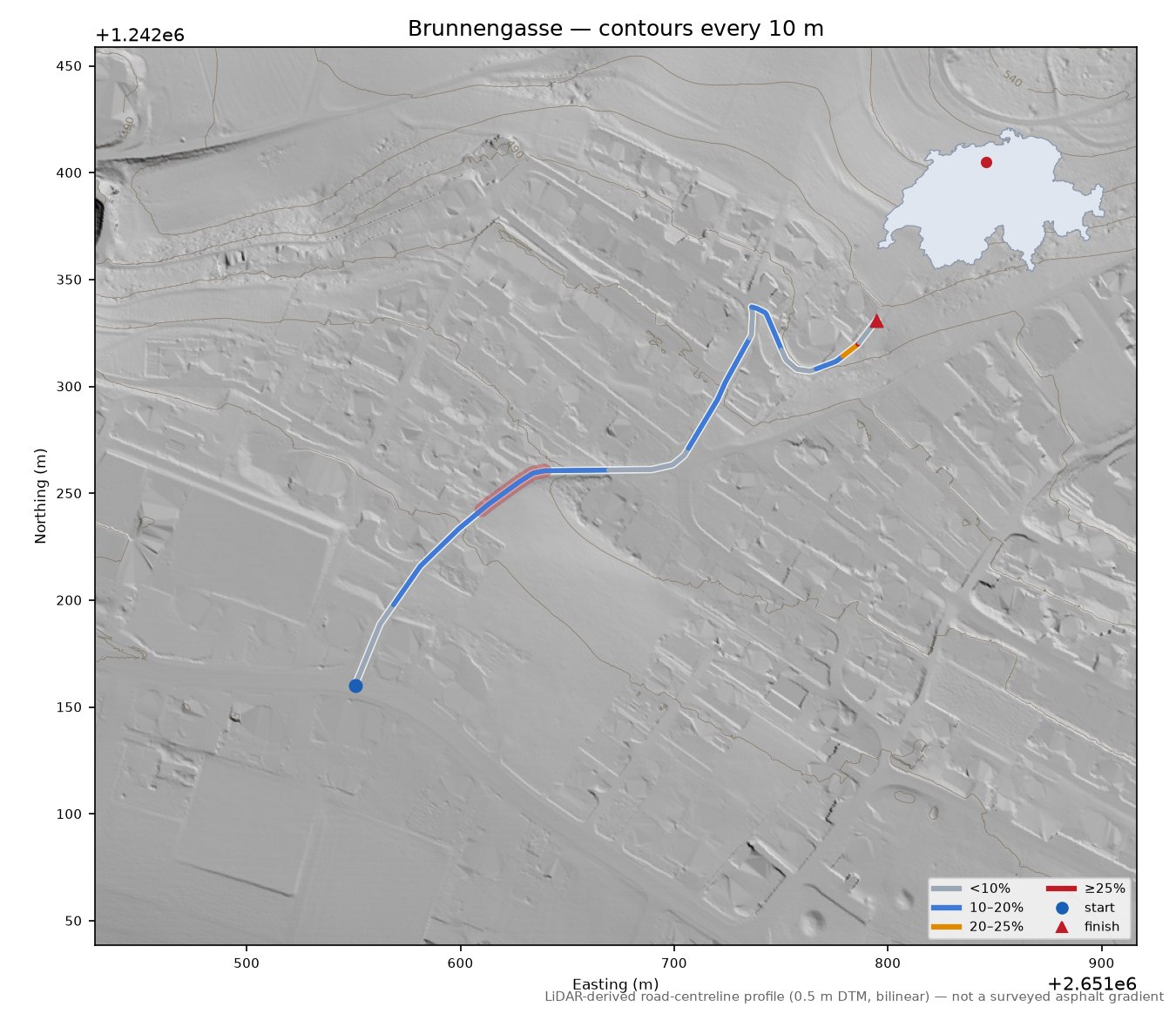 Brunnengasse LiDAR hillshade map with contours