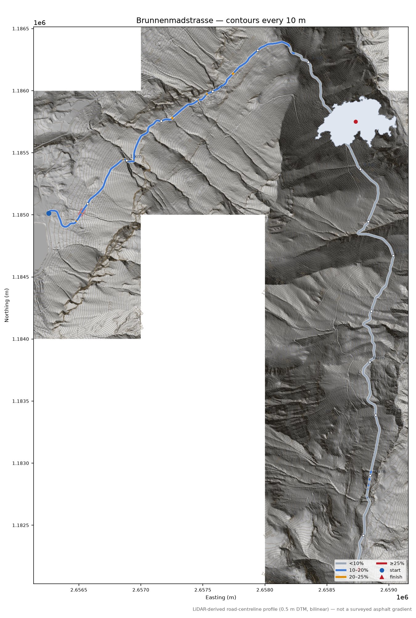 Brunnenmadstrasse LiDAR hillshade map with contours