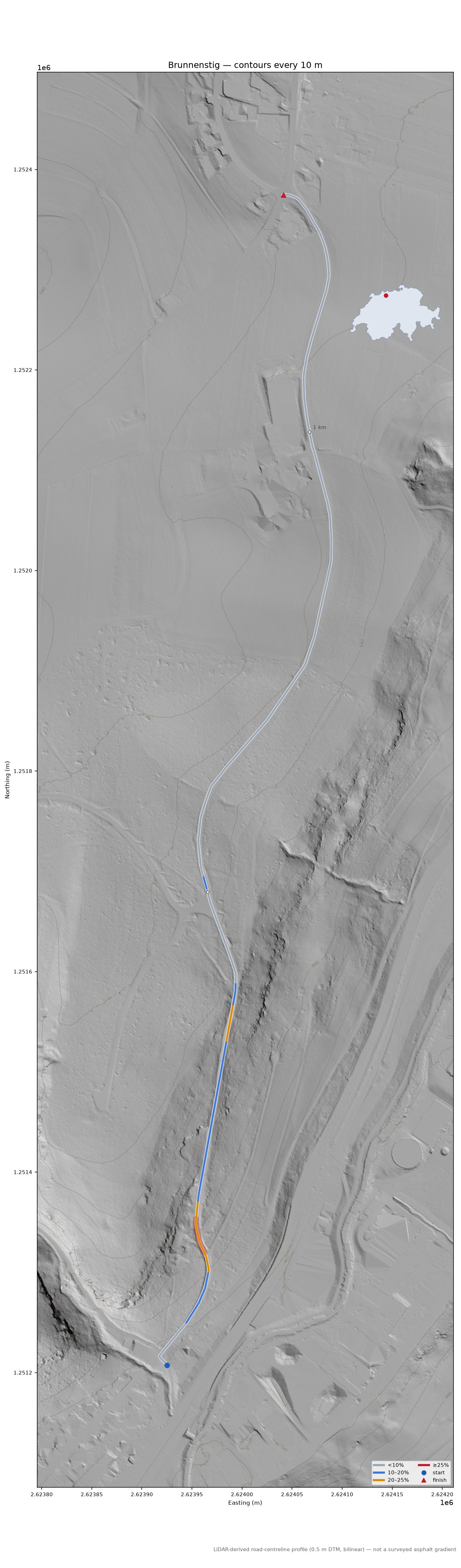 Brunnenstig LiDAR hillshade map with contours