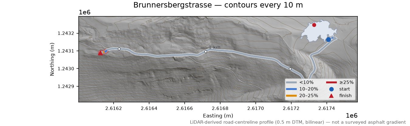 Brunnersbergstrasse LiDAR hillshade map with contours