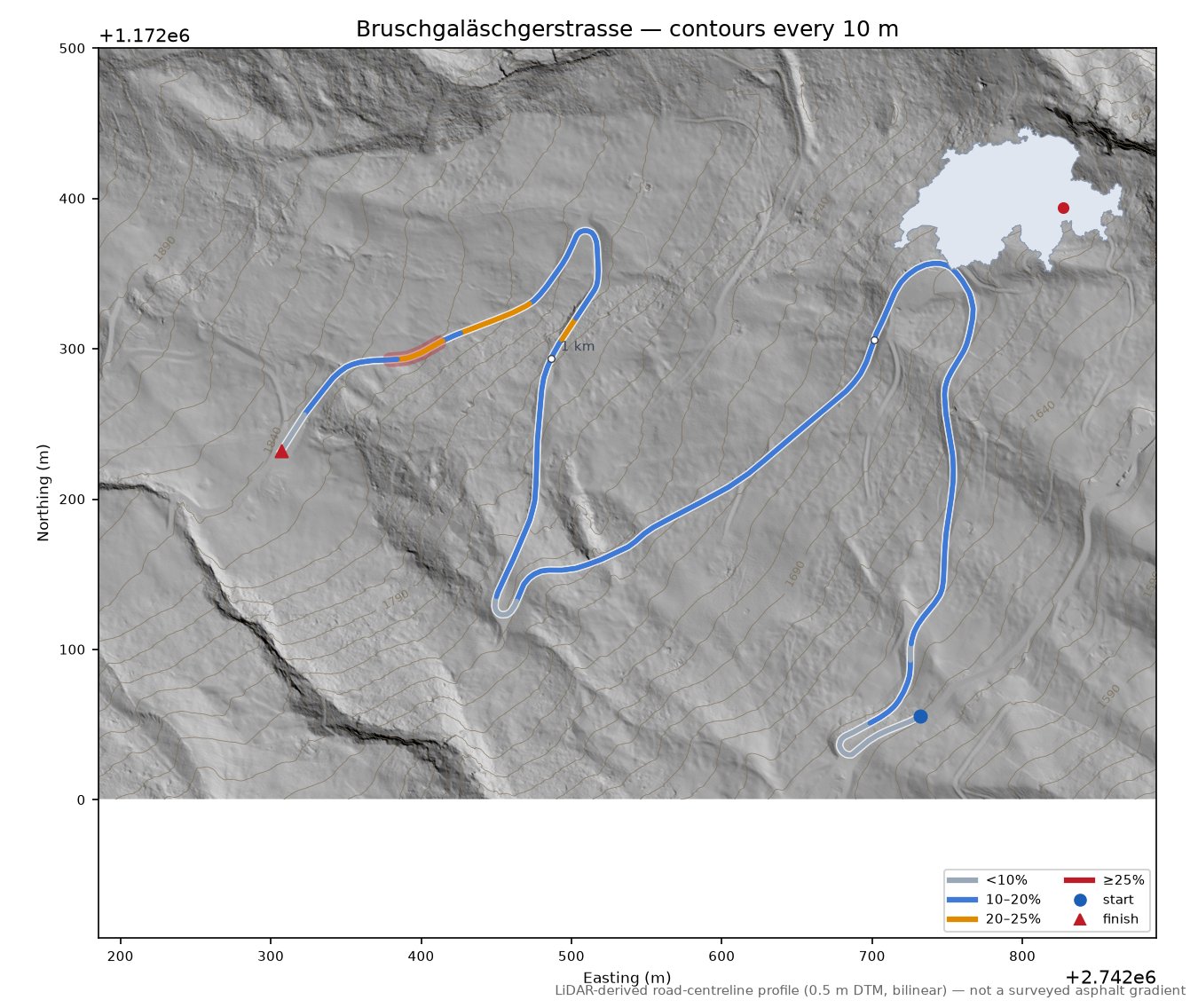 Bruschgaläschgerstrasse LiDAR hillshade map with contours