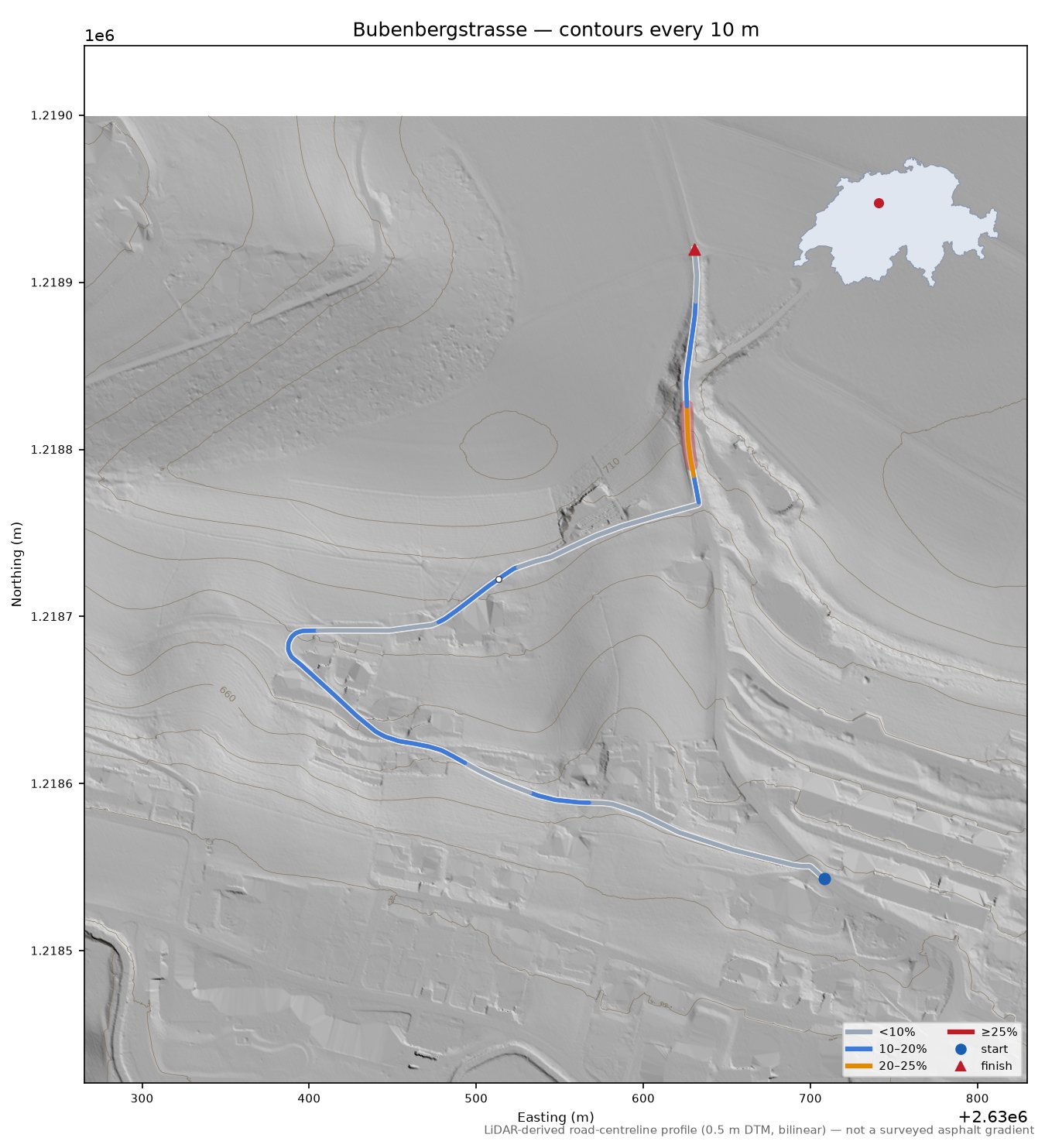 Bubenbergstrasse LiDAR hillshade map with contours