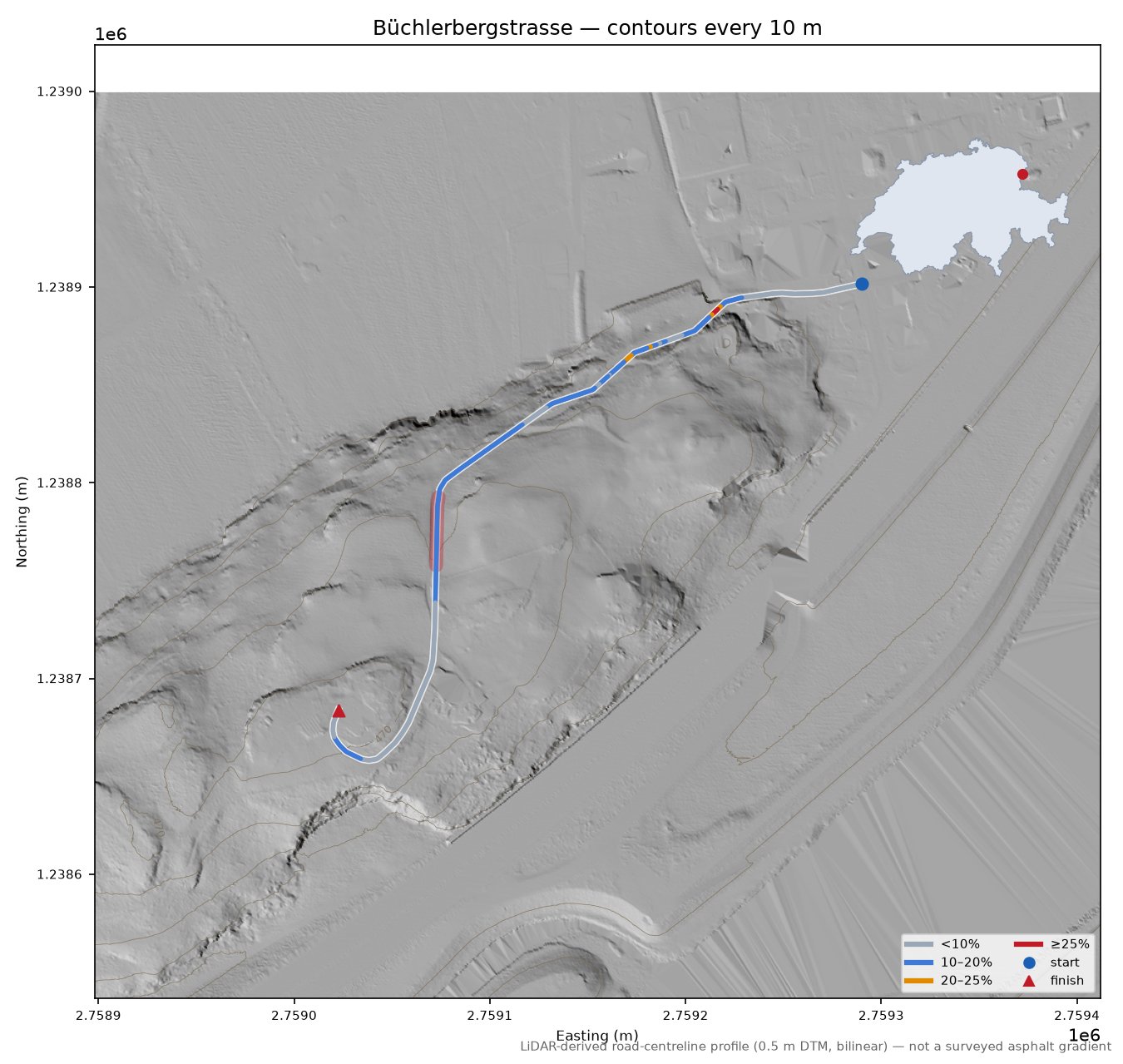 Büchlerbergstrasse LiDAR hillshade map with contours
