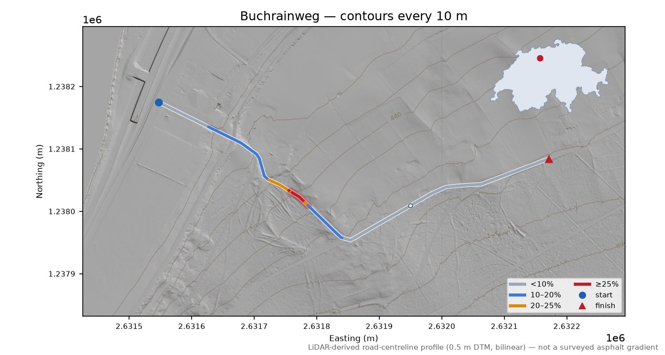 Buchrainweg LiDAR hillshade map with contours