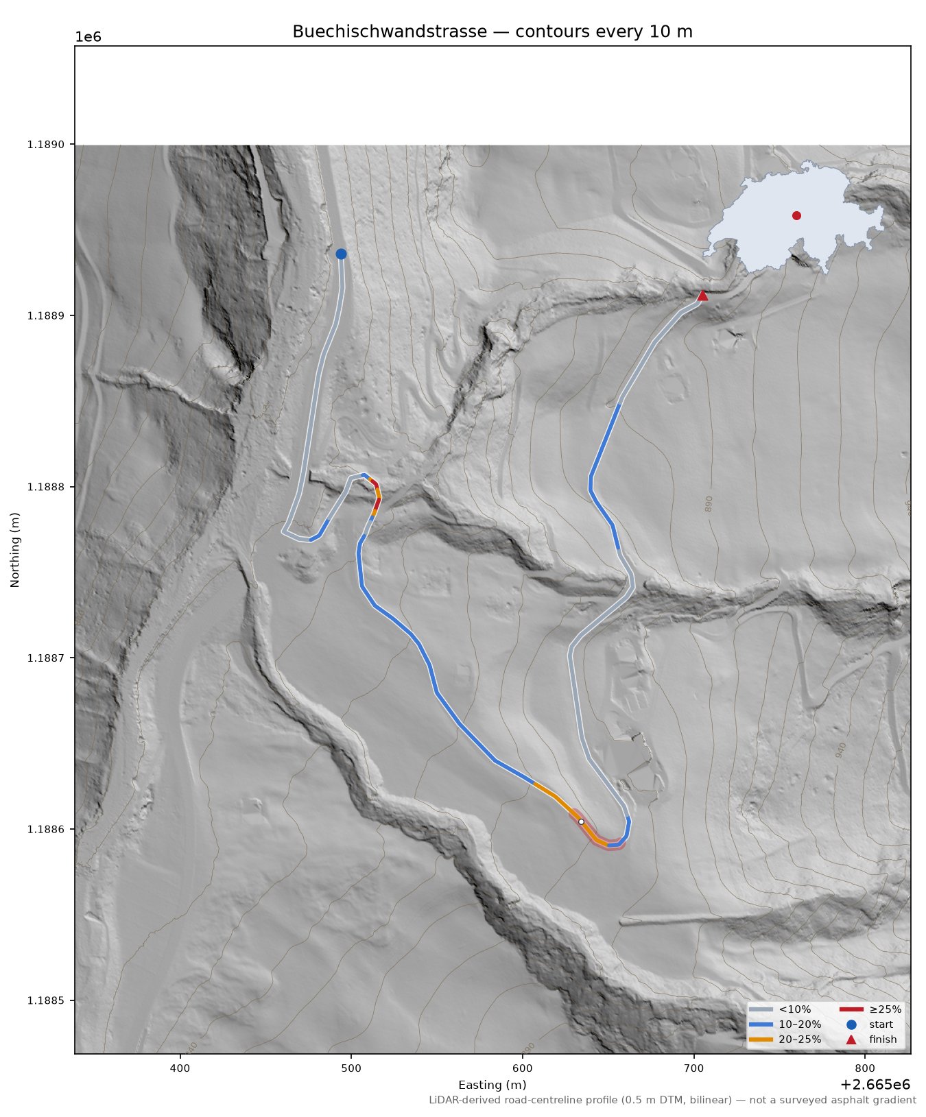 Buechischwandstrasse LiDAR hillshade map with contours
