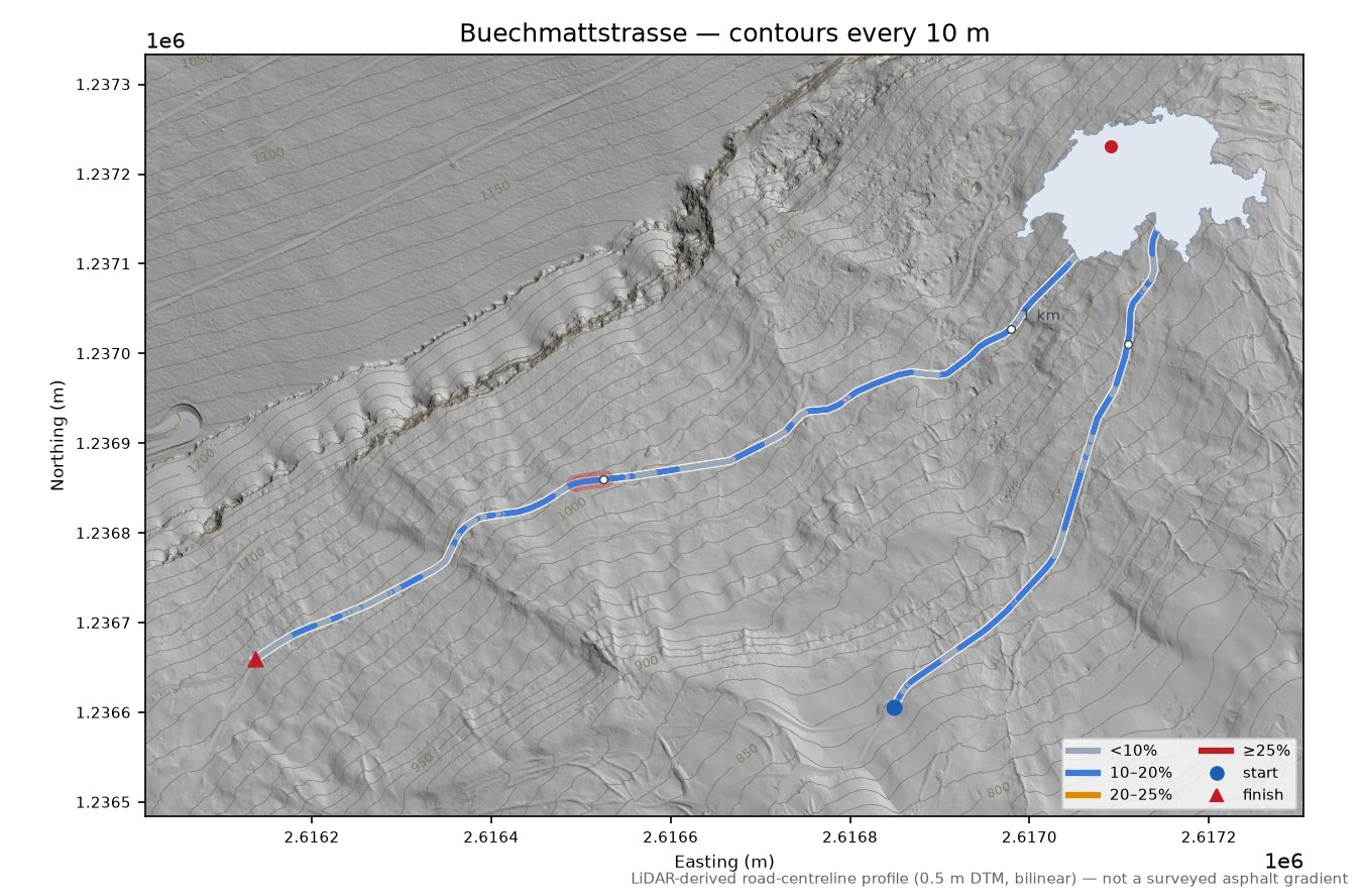Buechmattstrasse LiDAR hillshade map with contours