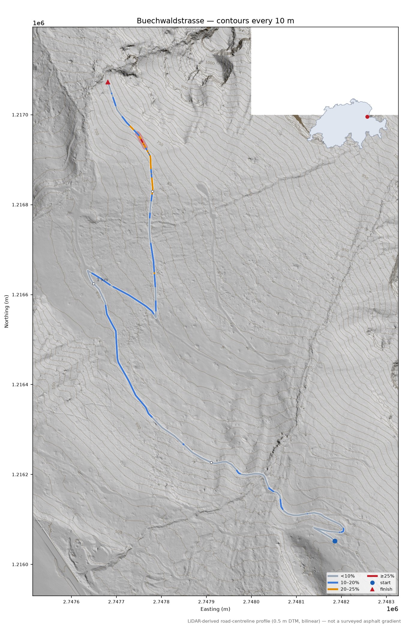Buechwaldstrasse LiDAR hillshade map with contours