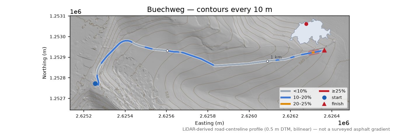 Buechweg LiDAR hillshade map with contours