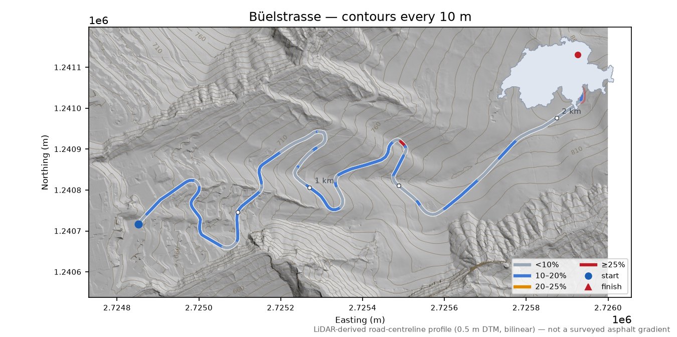 Büelstrasse LiDAR hillshade map with contours
