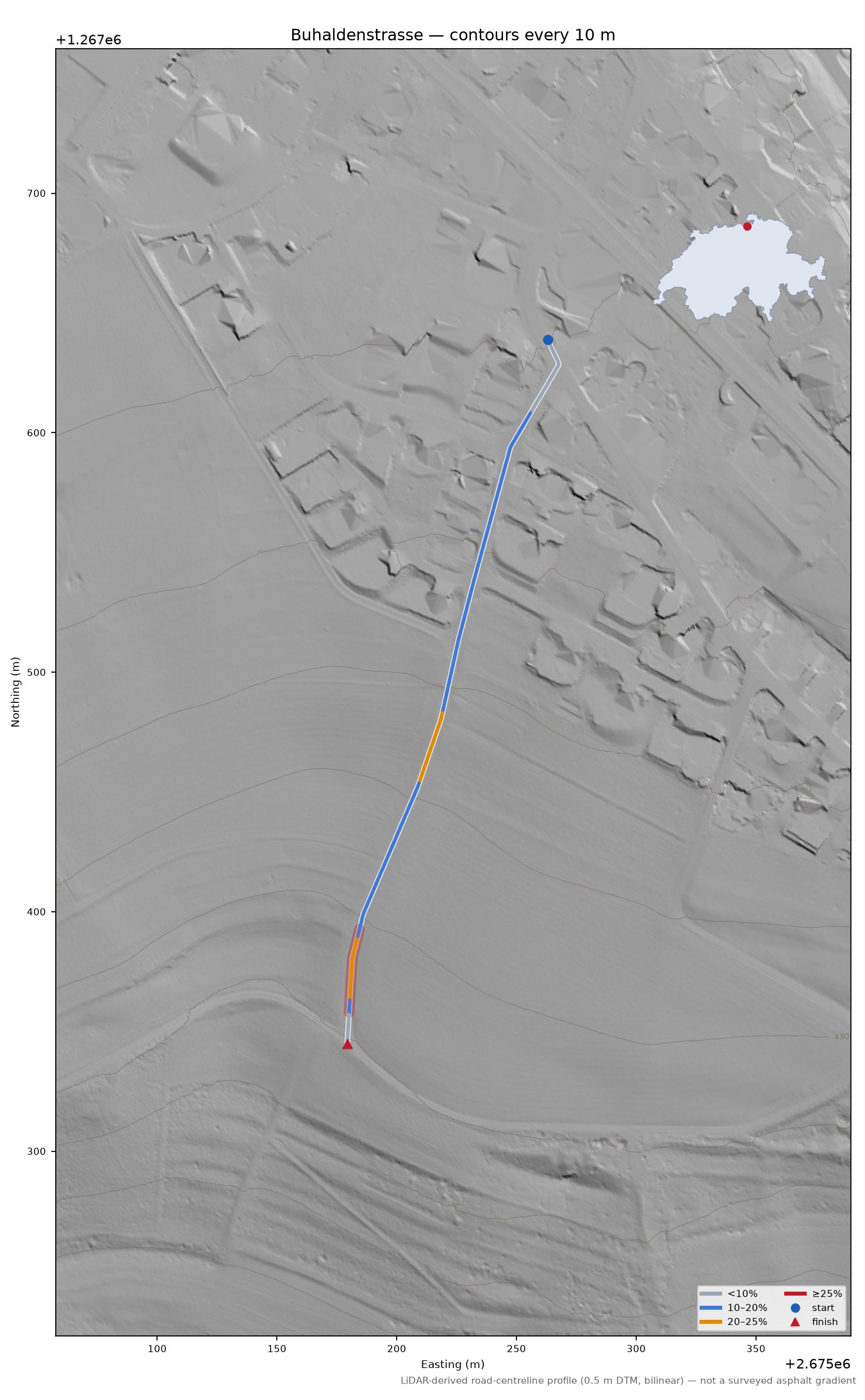 Buhaldenstrasse LiDAR hillshade map with contours