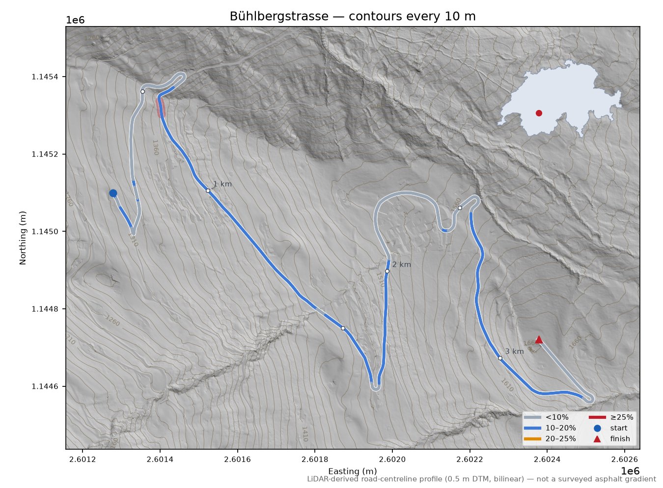 Bühlbergstrasse LiDAR hillshade map with contours