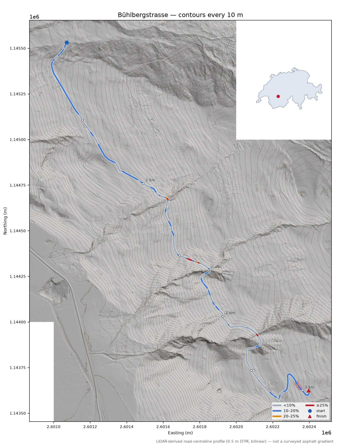 Bühlbergstrasse LiDAR hillshade map with contours