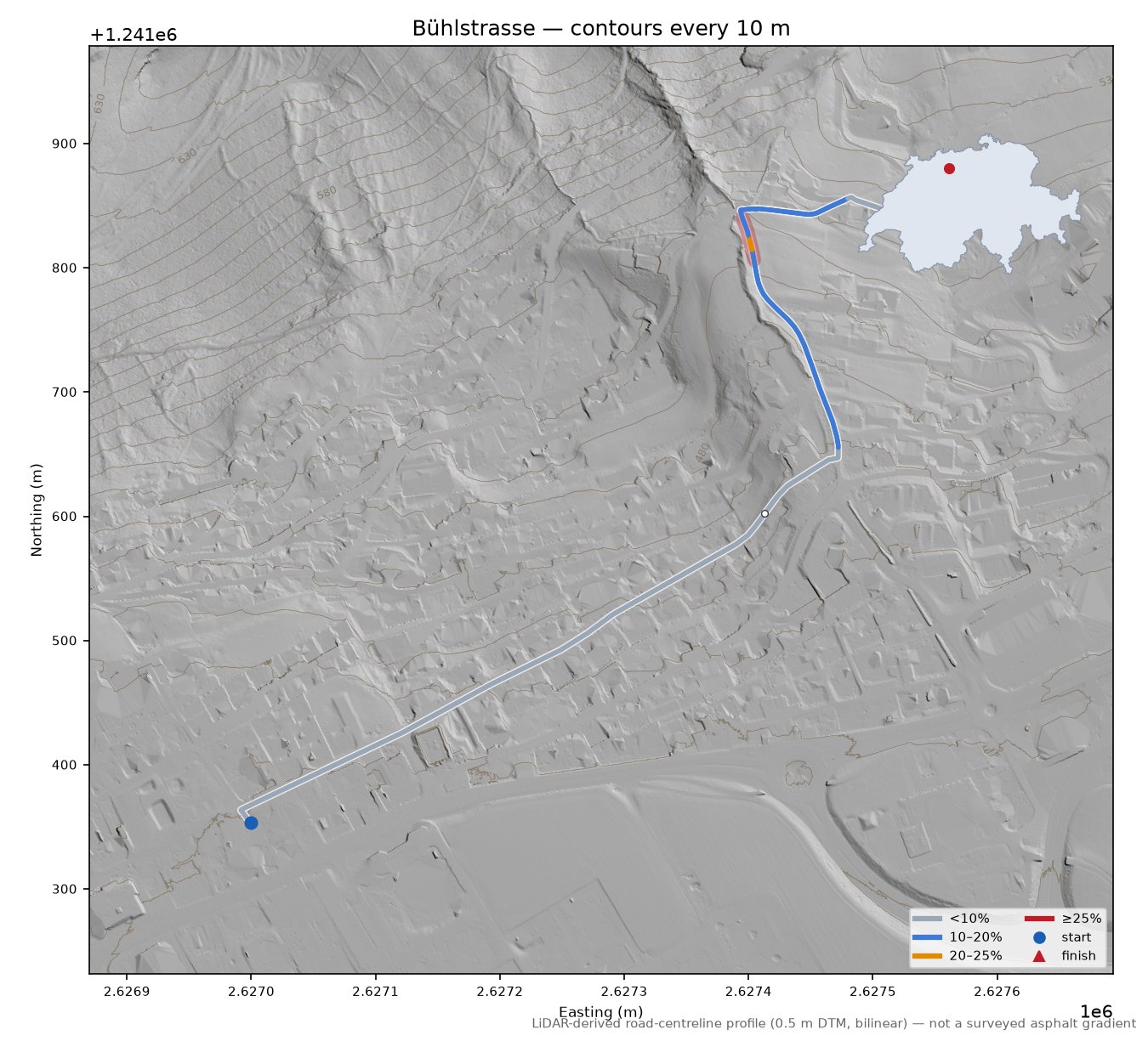 Bühlstrasse LiDAR hillshade map with contours
