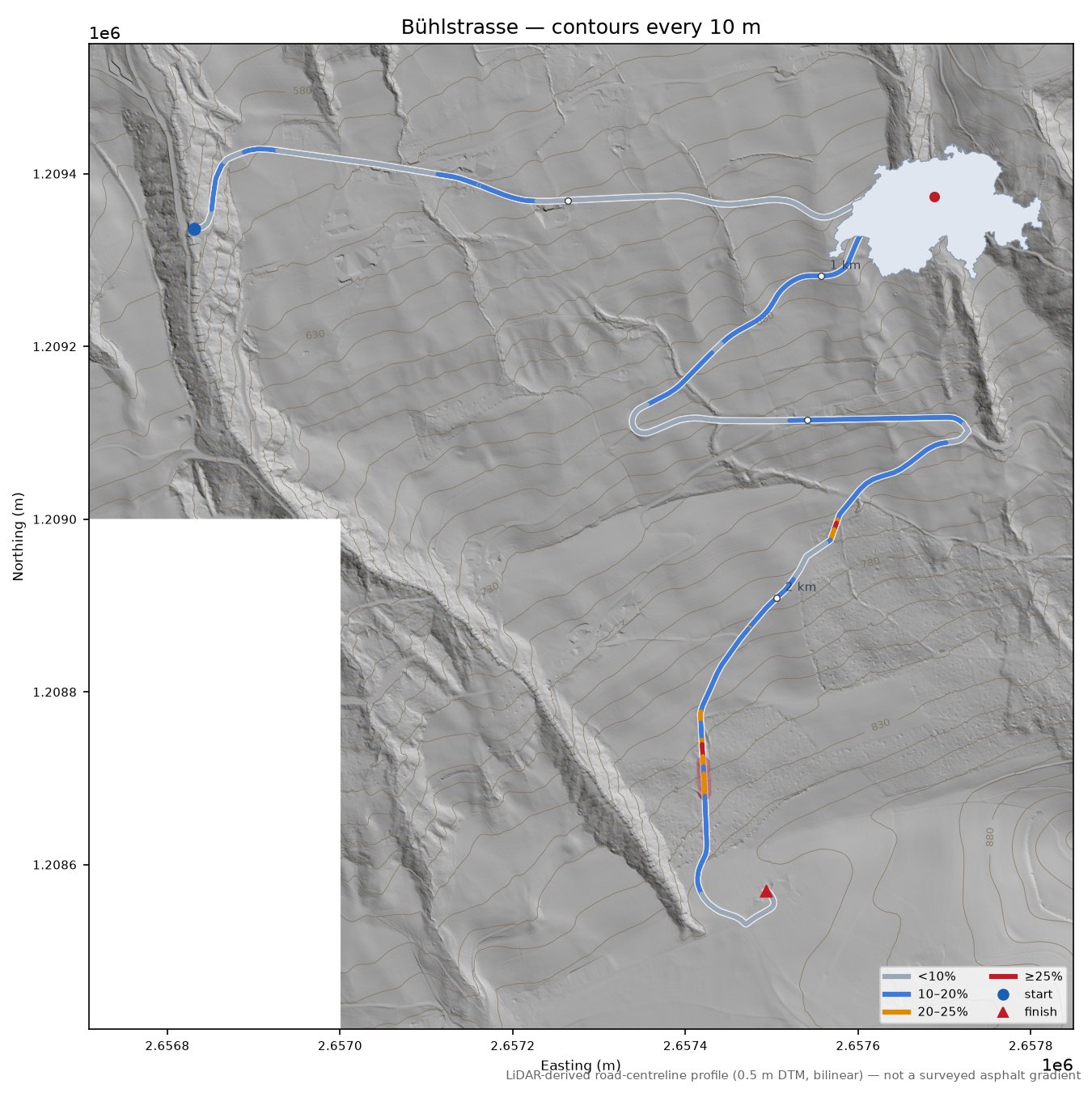 Bühlstrasse LiDAR hillshade map with contours